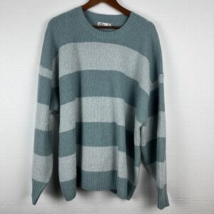 Hollister Crew Neck Long Sleeve Pullover‎ Sweater Mens XL Teal Stripe Oversized